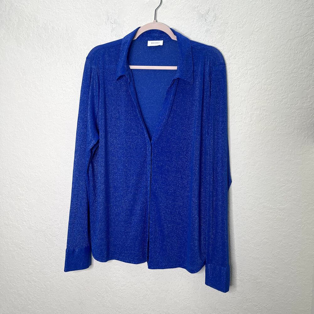 MESHKI Womens Large Blue Metallic Shimmer Collared Button Down Shirt Party